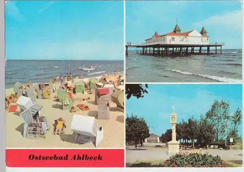 (111631) AK Ostseebad Ahlbeck, Seebrücke, Musikpavillon, Kurpark, Strand DDR 197