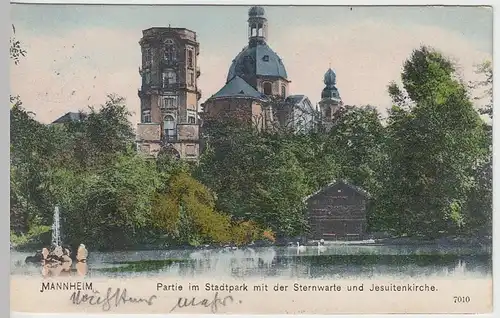 (41166) AK Mannheim, Stadtpark, Sternwarte, Jesuitenkirche, um 1900, gel. 1908