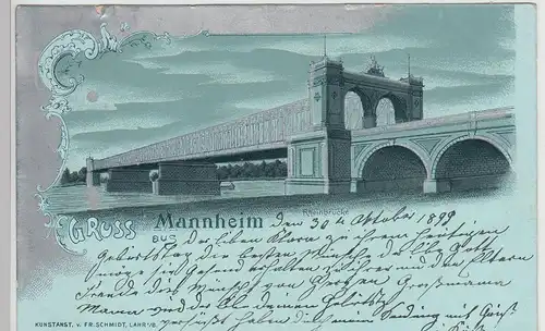 (114409) AK Gruss aus Mannheim, Rheinbrücke, Mondscheinkarte Silberdruck 1899