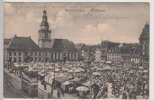 (113372) AK Mannheim, Markt, Straßenbahn, Litfaßsäule 1913