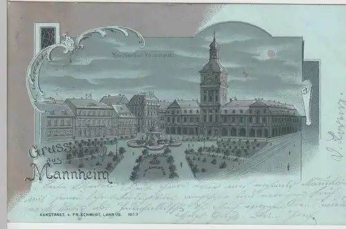 (111931) AK Gruss aus Mannheim, Kaufhaus, Mondschein-Litho m. Silberdruck 1900