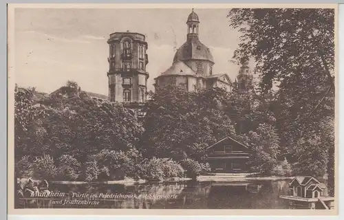 (101522) AK Mannheim, Partie im Friedrichspark m. Sternwarte u. Jesuitenkirche,