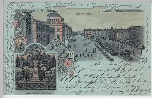 (101332) AK Gruß aus Mannheim, Bahnhofplatz, Jean Becker Denkmal 1899