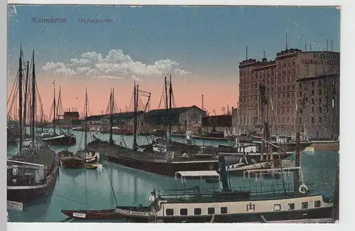 (101330) AK Mannheim, Hafen, Lastkähne, Lagerhaus, vor 1945