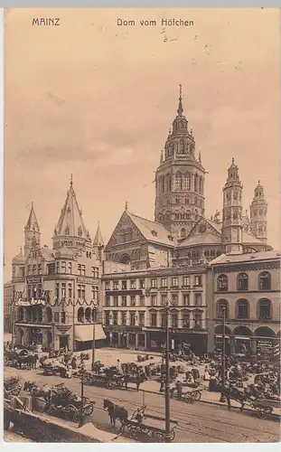 (96145) AK Mainz, Dom, Pferdefuhrwerke, Kaufhaus am Markt 1919