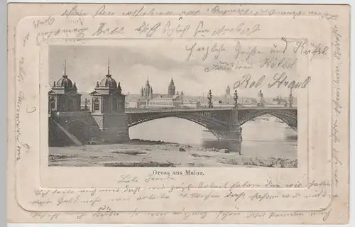(79296) AK Gruß aus Mainz, Rheinbrücke mit Oktroi Häuschen 1901