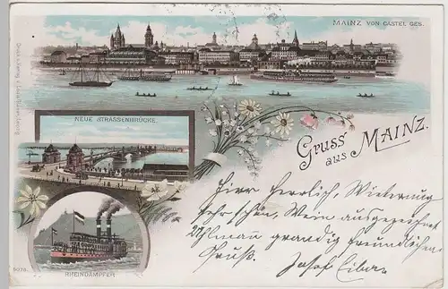 (76021) Künstler AK Gruß aus Mainz, Neue Straßenbrücke 1898