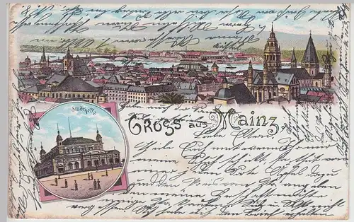 (114748) AK Gruss aus Mainz, Stadthalle u. Totale, Litho 1902