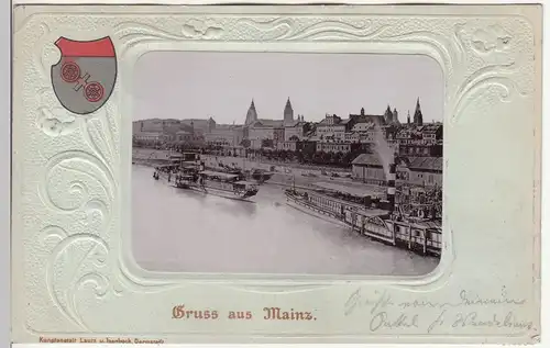 (114240) AK Gruss aus Mainz, Rheinquai m. Wappen 1905
