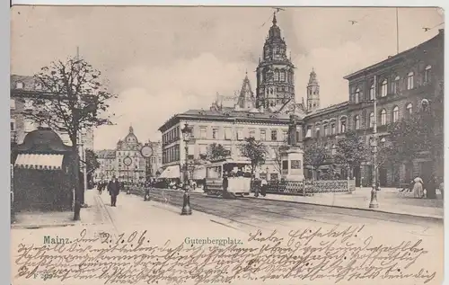 (113410) AK Mainz, Gutenbergplatz, Straßenbahn, gelaufen 1906