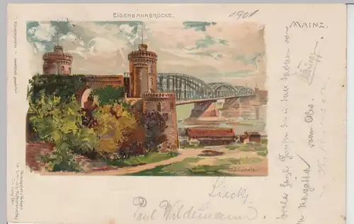 (111138) Künstler AK Mainz, Eisenbahnbrücke 1901