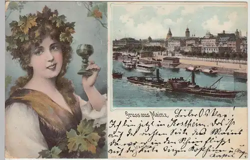 (111118) AK Mainz, Rheinpanorama, Frau m. Weinglas um 1910