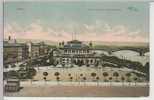 (111099) AK Mainz, Halteplatz u. Stadttheater 1912