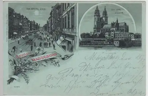 (60073) AK Gruss aus Magdeburg, Breiter Weg, Dom, Mondscheinkarte 1898