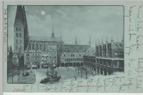 (76400) AK Lübeck, Marienkirche, Rathaus, Markt, Mondscheinkarte 1899