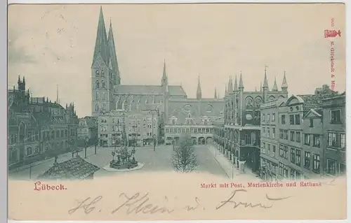(112918) AK Lübeck, Markt mit Post, Marienkirche u. Rathaus 1900