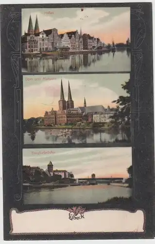 (109816) AK Lübeck, Hafen, Burgtorbrücke, Dom, Museum, vor 1945