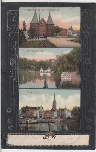 (109815) AK Lübeck, Mühlenteich, Petrikirche, Bismarckdenkmal 1907