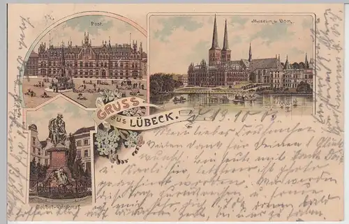 (109769) Künstler AK Gruß aus Lübeck, Geibel Denkmal, Post, Museum, Dom 1903