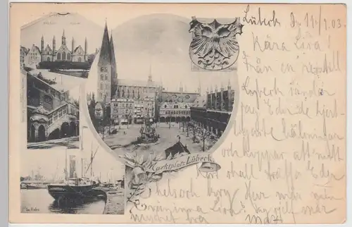 (109767) AK Lübeck, Wappen, Heilig Geist Hospital, im Hafen, Marktplatz 1903