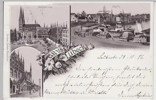 (109766) Künstler AK Gruß aus Lübeck, Breite Straße, Marktplatz, Hafen 1896