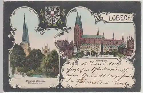 (109764) AK Lübeck, Dom, Museum, Mühlendamm, Marktplatz, Rathaus, Wappen 1906