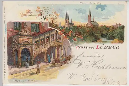 (109763) Künstler AK Gruß aus Lübeck, Rathaus, Treppe, Kirchen 1901