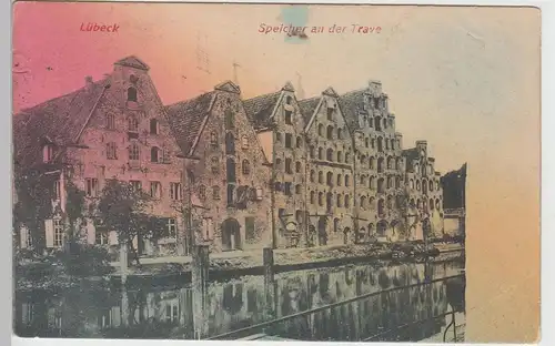 (100044) AK Lübeck, Speicher an der Trave 1910