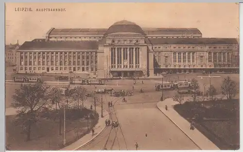 (99943) AK Leipzig, Hauptbahnhof, Straßenbahn, Pferdefuhrwerke 1913