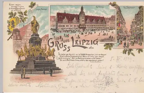 (104785) AK Gruss aus Leipzig, Siegesdenkmal, Rathaus, Petersstraße Litho 1899