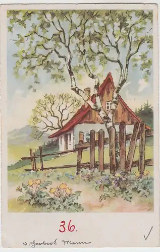 (51614) Künstler AK Haus mit Birke, 1944