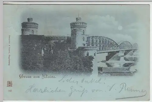 (33631) AK Gruss aus Mainz, Eisenbahnbrücke, Mondscheinkarte, 1898