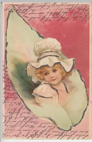 (27584) Künstler AK kleines Mädchen mit Haube, Glitzerkarte 1901