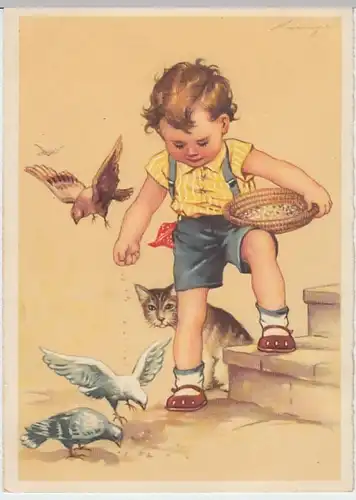 (27079) Künstler AK kleiner Junge füttert Tauben, Katze schaut zu, v. 1945