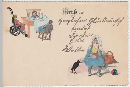 (23215) Künstler AK Gruß von, Mädchen mit Puppen, bis um 1905