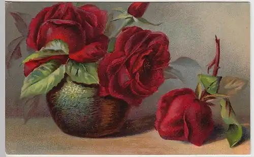 (22824) Künstler AK Rote Rosen in bauchiger Vase 1908