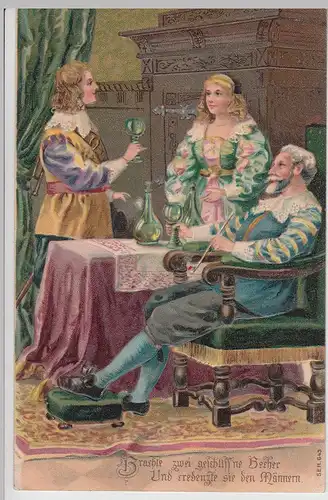 (114183) Künstler AK geschliff'ne Becher, Frau credenzt Wein, Prägekarte 1908
