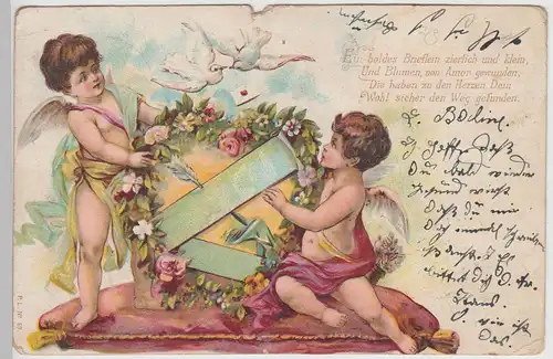 (113978) Künstler AK Amor, Tauben, Blüten, Herz, Ein holdes Brieflein 1903