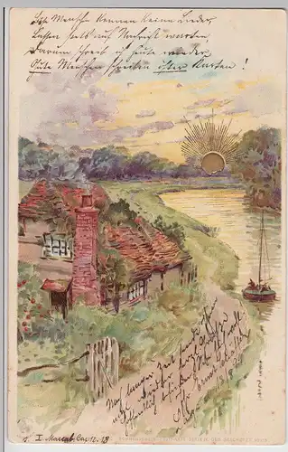 (113925) Künstler AK Sonnenschein, Haus, Fluss, Bahnpost, Golddruck 1899