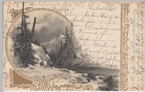(111033) Künstler AK Winterlandschaft im Gold-Prägerahmen 1905
