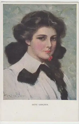 (109318) Künstler AK Clarence F. Underwood, Reife Kirschen, junge Frau, vor 1945
