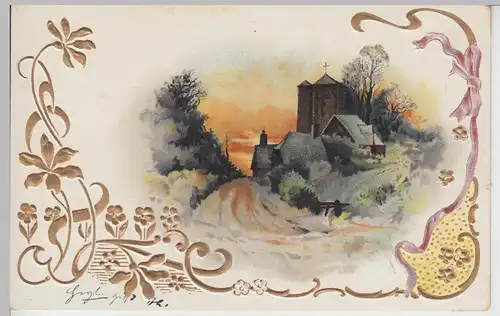 (108715) Künstler AK Verschneiter Ort mit Kirche, Prägekarte, Golddruck 1904