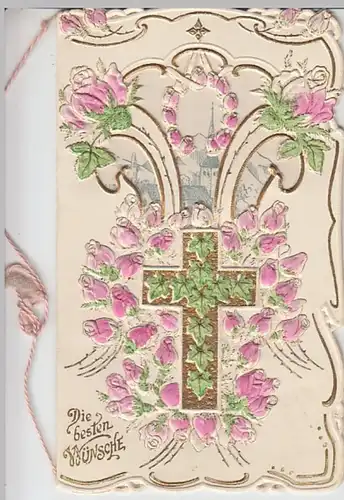 (27140) AK Konfirmation, mehrseitig, Prägekarte, Kreuz, Rosen, um 1910