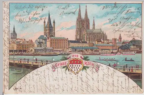 (112658) AK Gruß aus Köln, Panorama m. Pontonbrücke, Wappen, Litho 1902