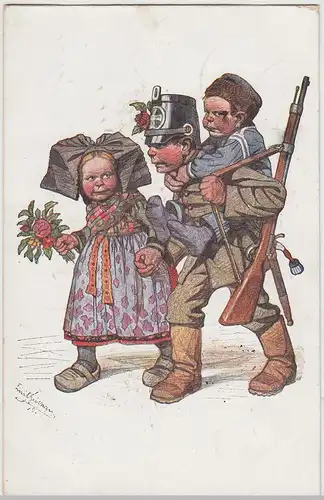 (114728) AK Kinder als Soldaten, Elsässische Trachten 1916