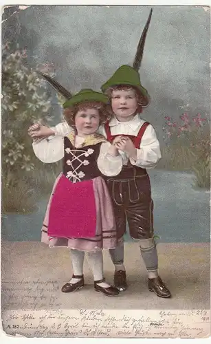 (114365) AK Kinder in Dirndl und Lederhose, Prägekarte 1906