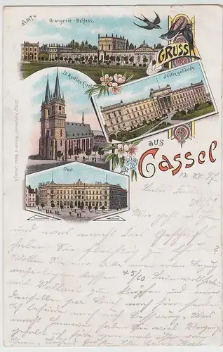 (113696) Künstler AK Gruß aus Kassel, Post, Orangerie, Kirche, Litho. 1897