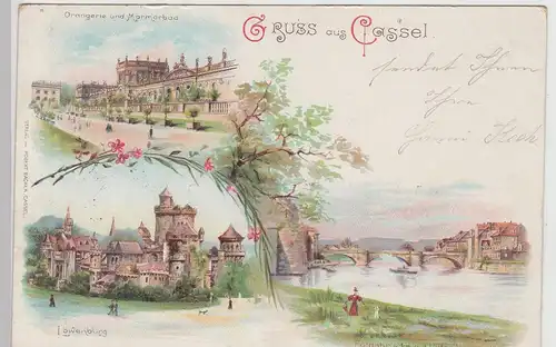 (113630) Künstler AK Gruß aus Kassel, Orangerie, Marmorbau, Fuldabrücke 1897