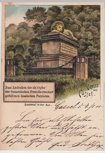 (112392) Künstler AK Gruß aus Kassel, Denkmal in der Aue 1900