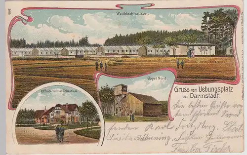 (113012) AK Gruss vom Übungsplatz bei Darmstadt, Mehrbild Litho 1903